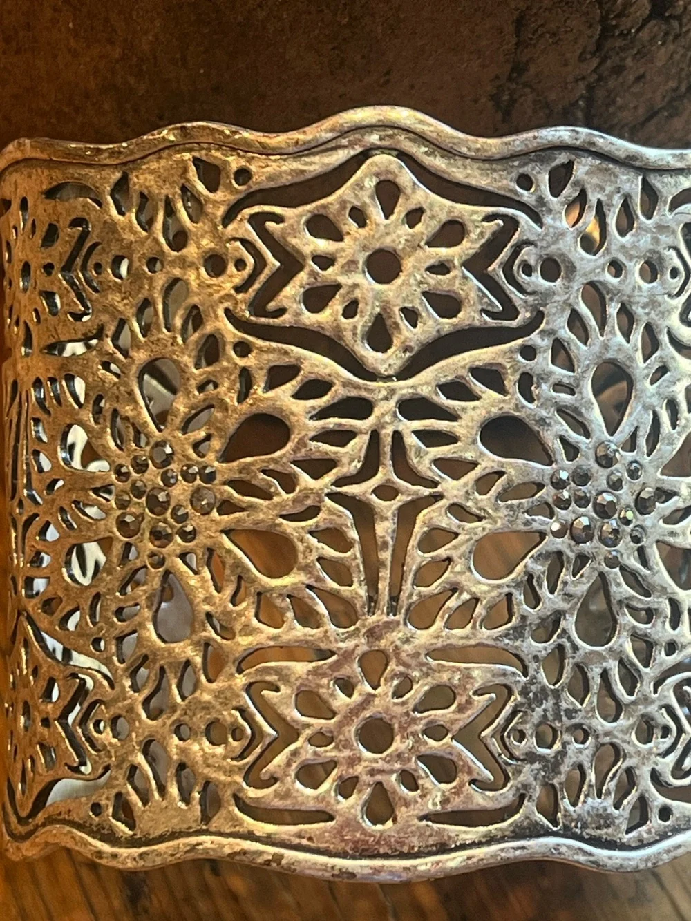 Lucky Brand Silver Filigree Floral Cuff Bracelet with Black Crystals